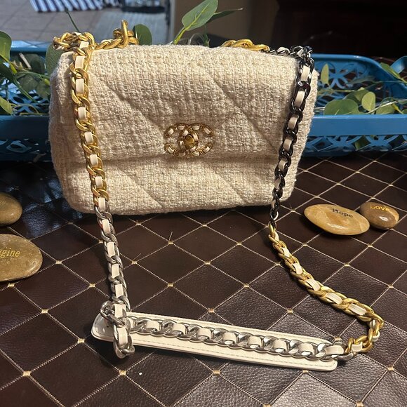 Tweed Quilted Crossbody Bag – Gold & Silver Chain Detail, Red Interior - Picture 1 of 9